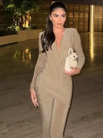 Weird Puss Cross Ruched Jumpsuit Women Patchwork Deep v-Neck Full Sleeve Elegant Skinny Stretch Workout Office Classic Overalls - Image 3