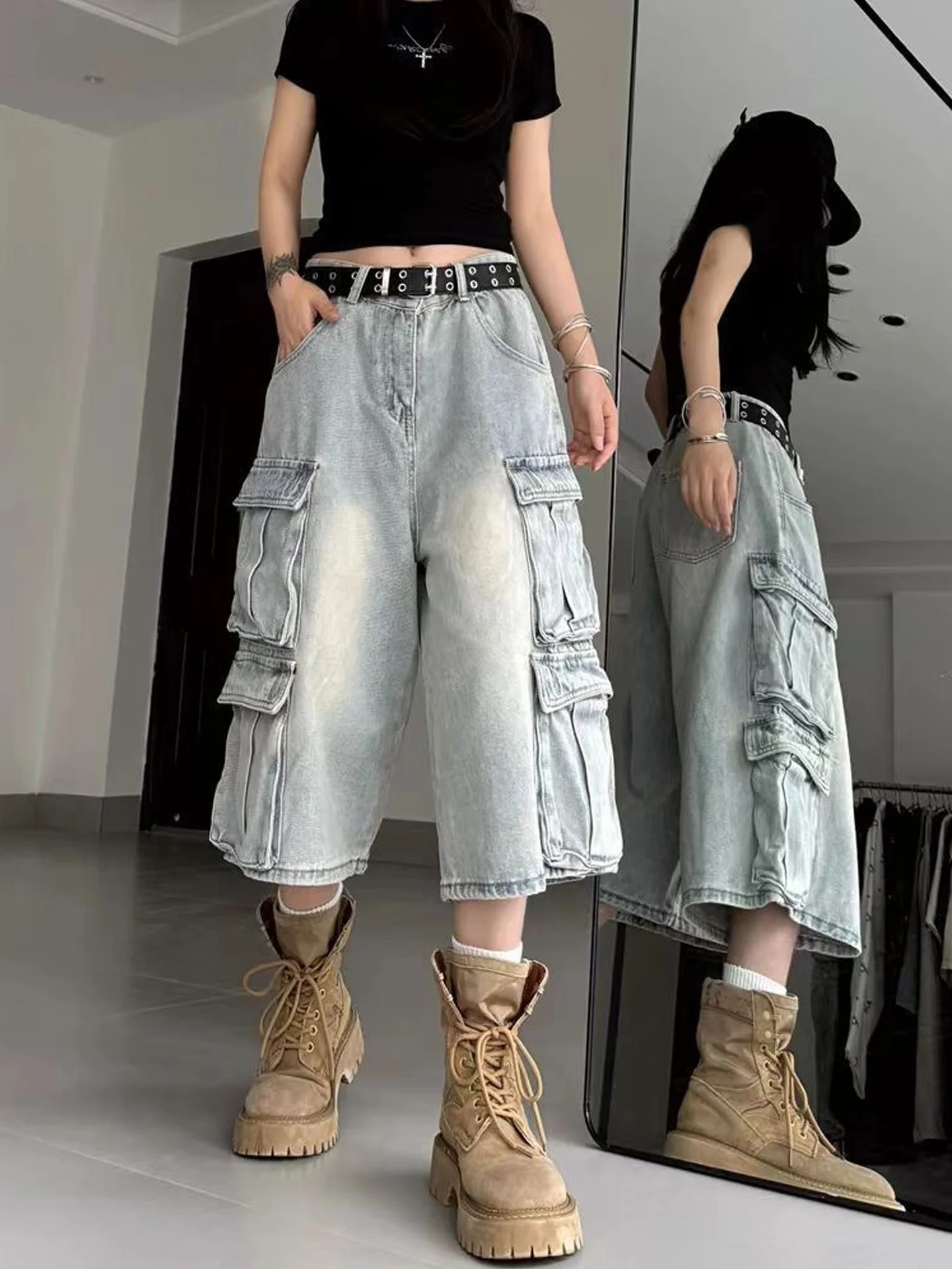 

High Waist Loose Fit Korean Style Denim Shorts Women's Summer New Fashion Pocket Detail Wide Leg Seven Inch Jeans