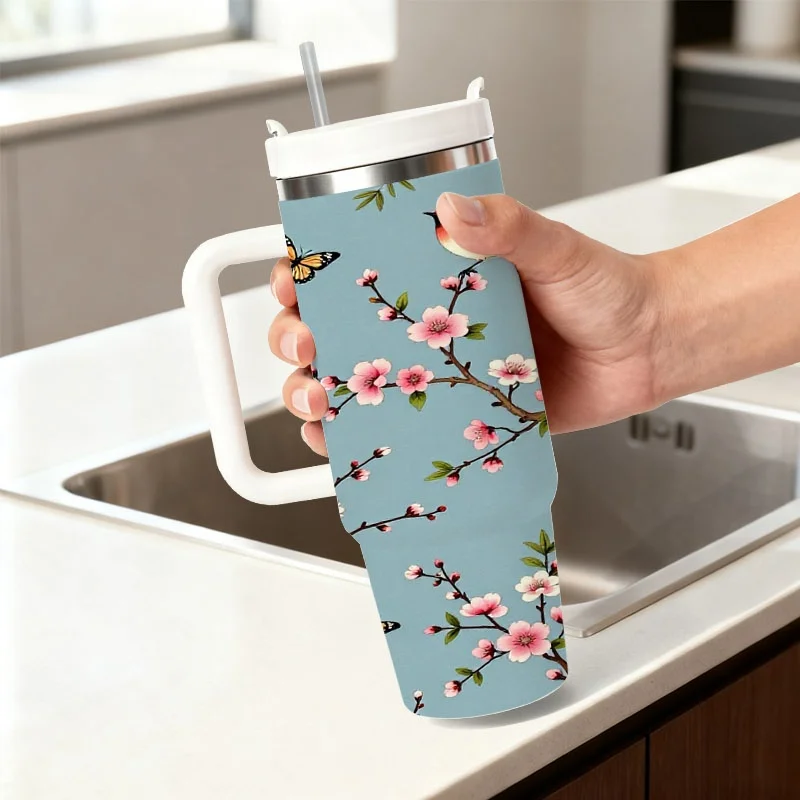 Stainless Steel 40oz Insulated Tumbler, Digital Print Traditional Asian Motif with Lanterns, Cherry Blossoms, Birds & Butterflies, Reusable Thermal Cup for Hot & Cold Drinks, Ideal for Daily Commute, Office & Outdoor Use