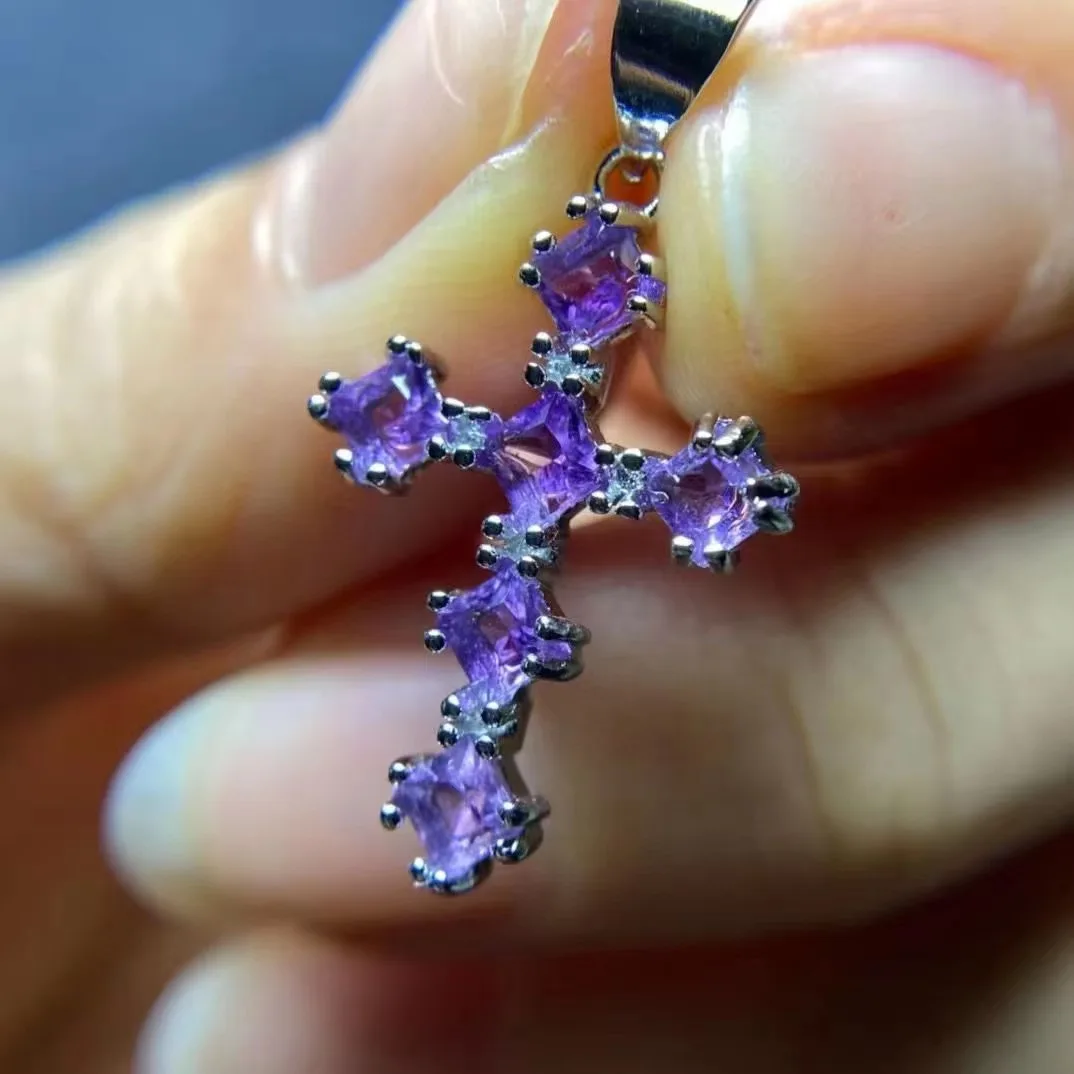 10pcs/lot pure natural amethyst pink crystal pendant crucifix Tulip flowers S925 sterling silver inlay elegance lady gift taki