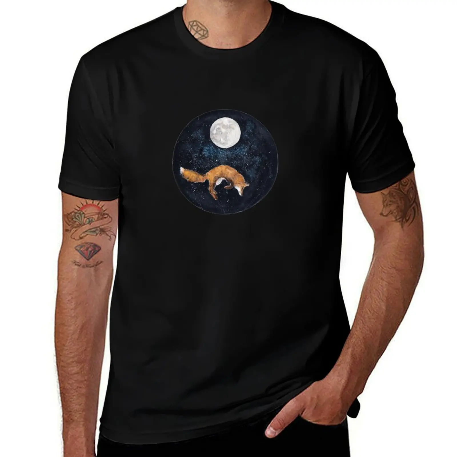 

Leaping fox under moon T-Shirt black cotton t-shirt plain for man package cotton t shirt pack T-Shirt