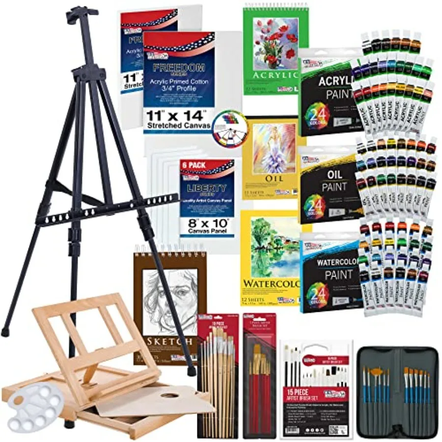 

133-Piece Artist Painting Kit - Aluminum and Wood Easel 24 Each Acrylic Oil Watercolor Paints 8 Canvases 44 Brushes 4 Paint and