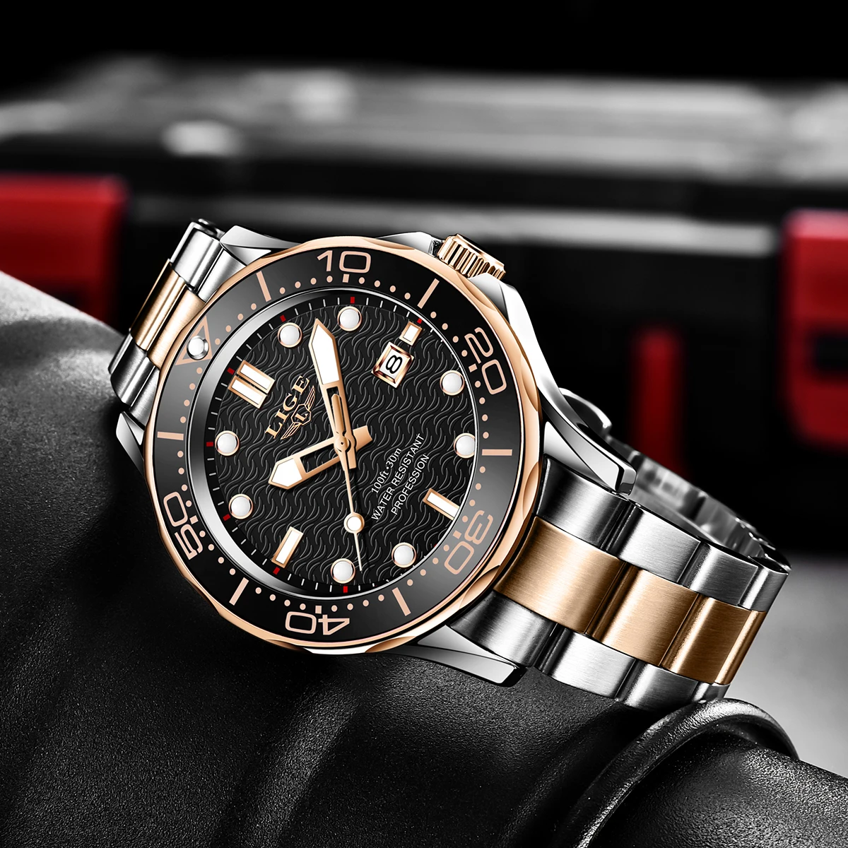 LIGE Diver Luxury Men's Watches Business Steel Black Dial 30M Waterproof Luminous Quartz Wristwatch Male Clock Montre Homme+BOX