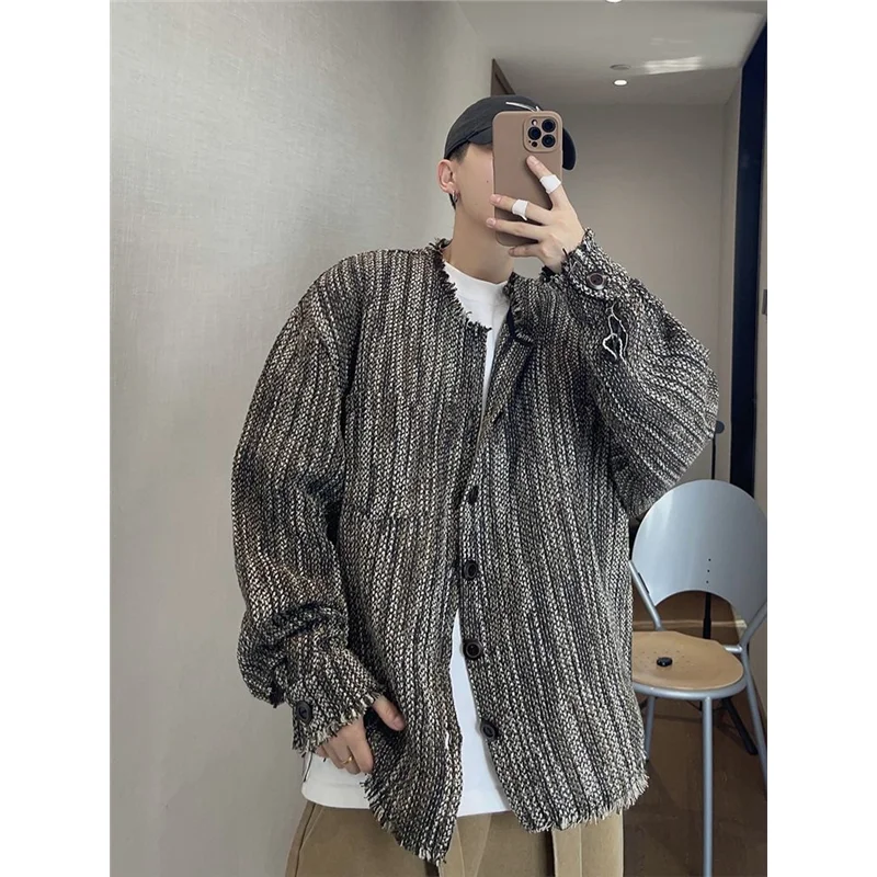 

American Retro Knitted Long Sve irt Jaet Men's Sle Spring Summer V-Ne Vintage Lazy High-End Feeling Outerwear