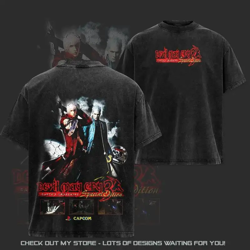 Hot Game Devil May Cry Dante Graphic Tee Men Short Sleeve Clothing Washed Cotton Tshirt Casual T-shirt Harajuku Vintage T Shirt