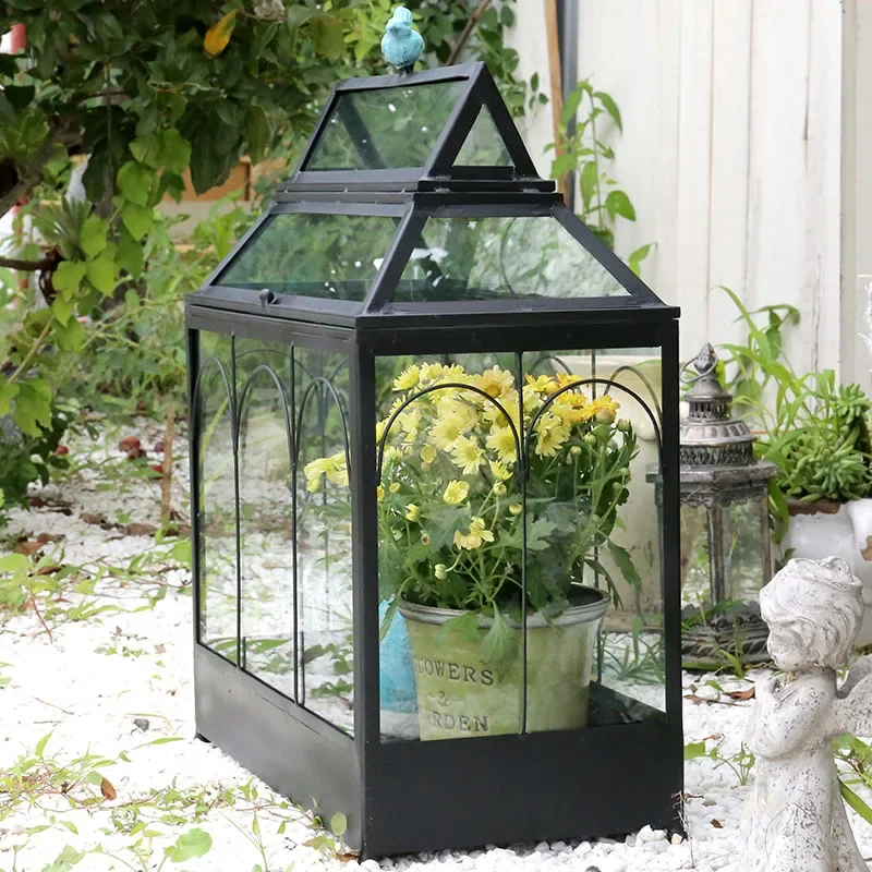 Island metal glass greenhouse flower rack iron balcony greenhouse set doll house hand-made house viewing sun room image 4