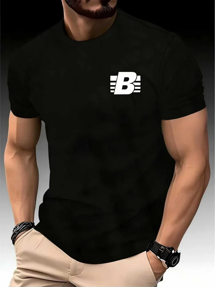 New Men‘s Round Neck Running T-shirt Summer Thin Top Striped B print Quick Dry Short Sleeve Breathable Fitness Sports Clothing