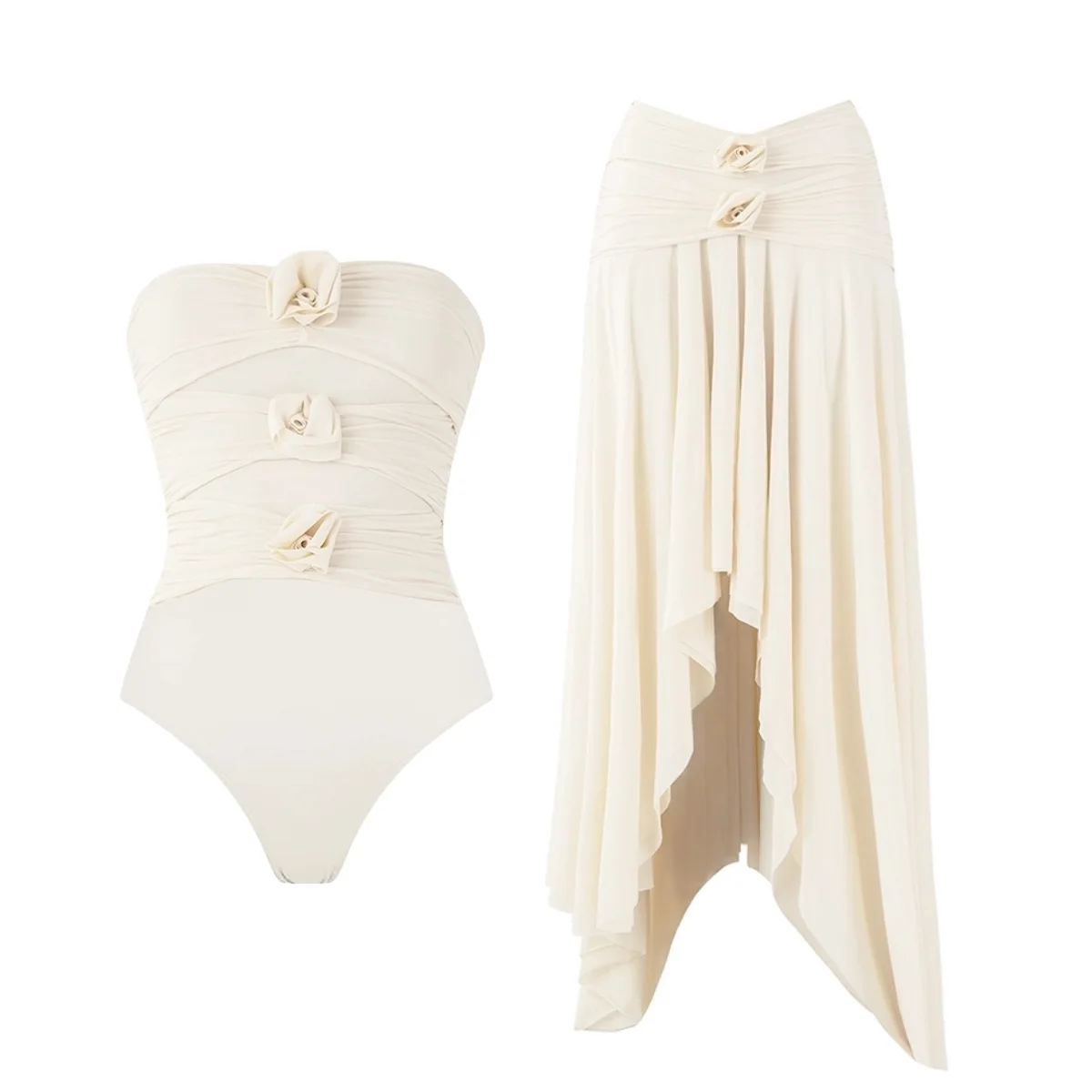 Women Bandeau One Piece Swimsuit Two Piece Set New Cream White 3D Floral Decor Spa Vacation Beach Bathing Suit Swimwear