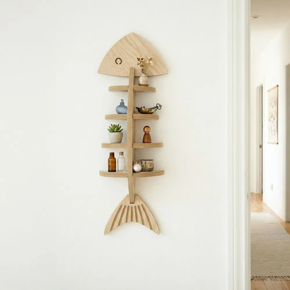 Wooden partition wall-mounted fishbone storage rack, fish ornament decoration vintage style indoor storage rack