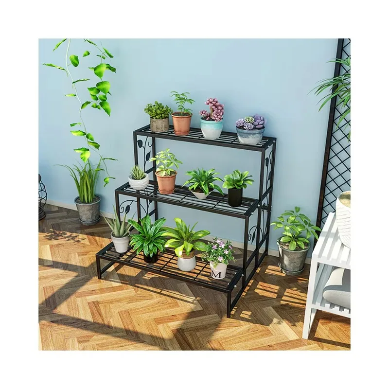 3-Layer black bracket garden shelf suitable for large flower pot rack display rack