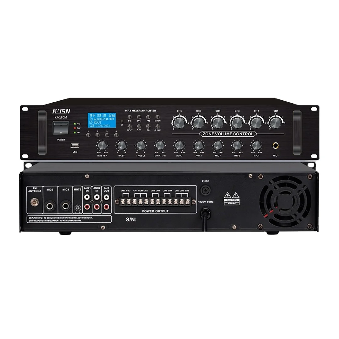 

2025 hot sale 180W 100V Powered Amplifier Professional 6 Zone 5 Channel Audio Karaoke Player Mixer Sound PA System With Fm Bluet