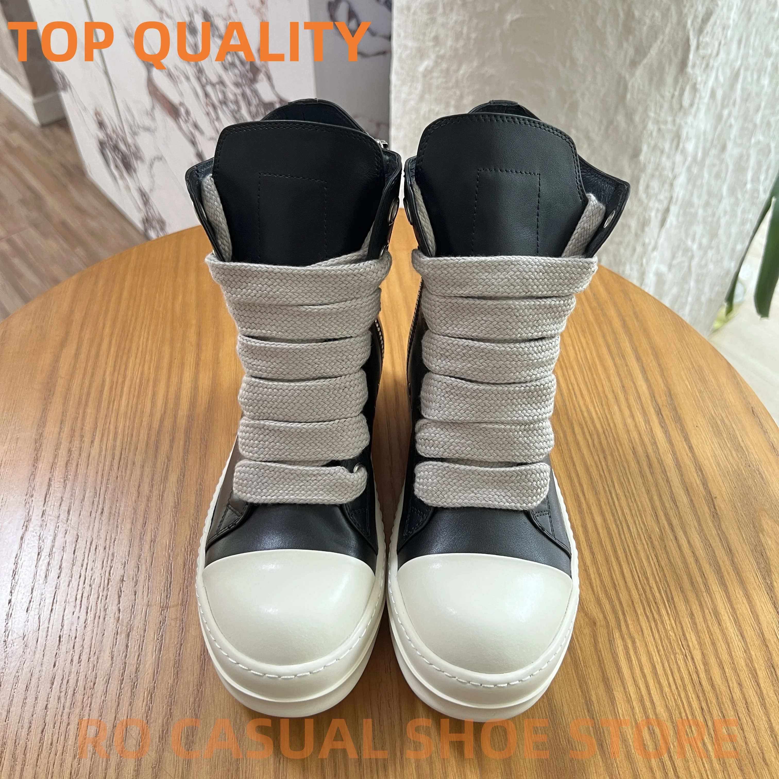 Ricks Black Genious Leather High Top Quality Party Men Shoes Women Sneaker Jumbo Lace Zipper Owens Design Casual boots & Shoes