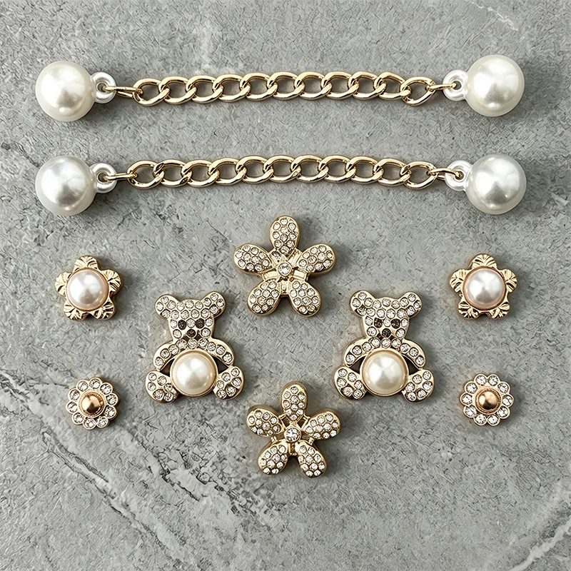 10Pcs Premium Pearl Crystal Clog Shoe Charms, Rhinestone Bear Flower & Pearl Chain, Alloy Detachable DIY Shoe Accessories