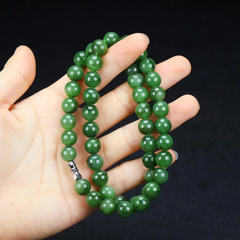 Natural Hetian jasper necklace, spinach green round bead mother chain, natural atmosphere fashion multi-circle bracelet