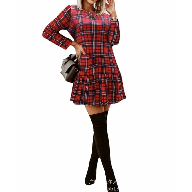 Women\'s Dress Women\'s Casual Long Sleeve O-Neck Pleated Stitching Dress Summer Sexy Plaid Slim Fit High Waist Dress