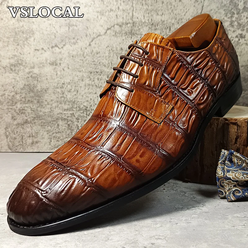 

Luxury Men Leather Shoes Brown Crocodile Prints Casual Mens Dress Shoes Lace Up Wedding Party Office Derby Shoes For Man