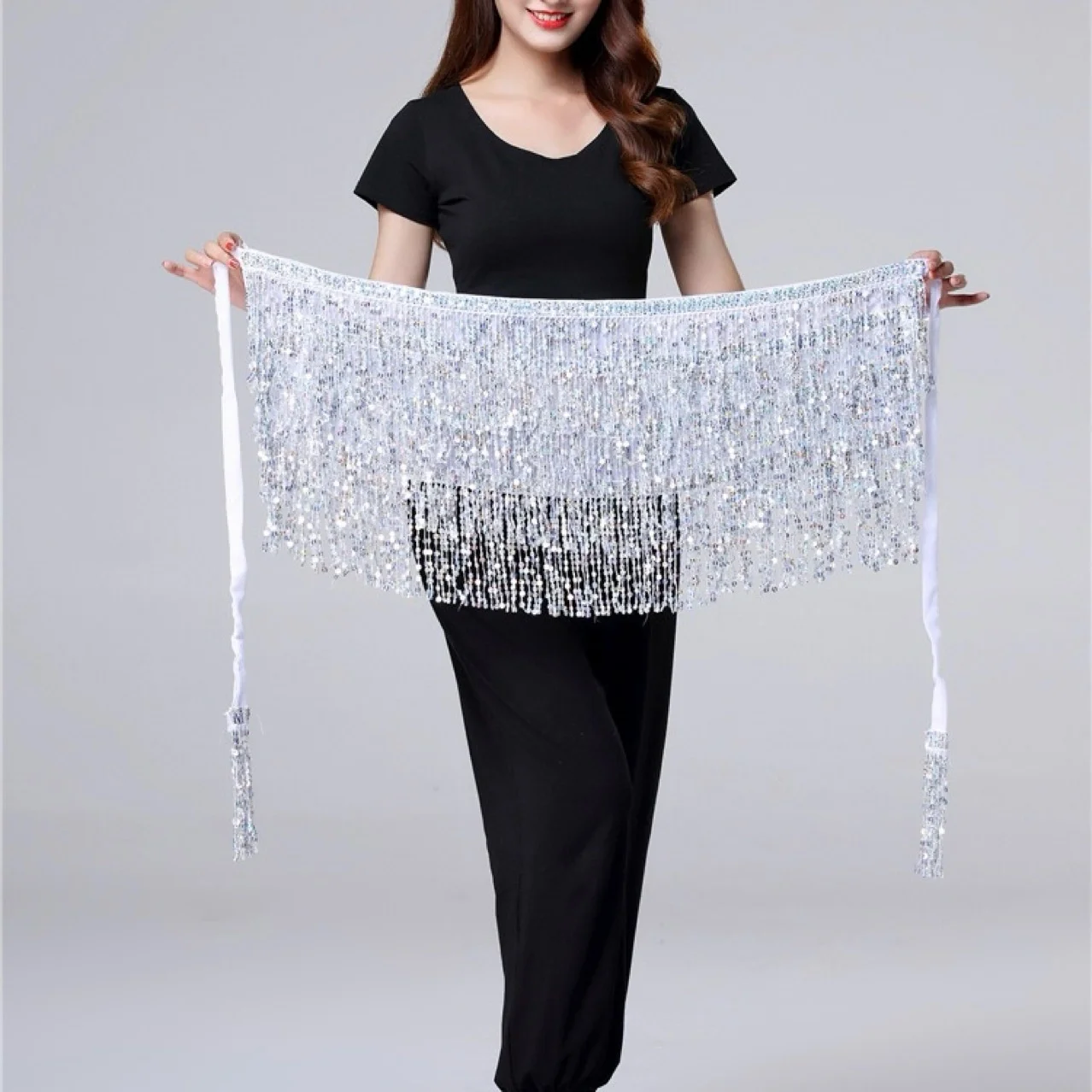 loween Costume da performance di danza del ventre con paillettes Nappa Asciugamano con perline Catena in vita Asciugamano da ballo Luminoso scintillante