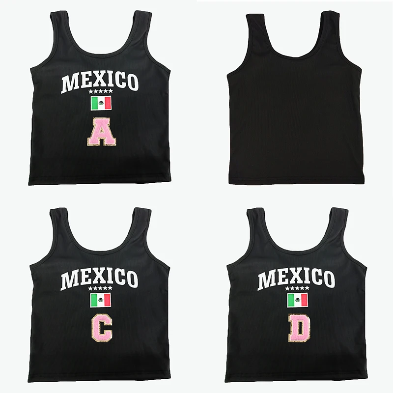 

Black Mexico Round Neck Sleeveless New 26 Letters Woman Streetwear Harajuku Tank Top Short Sleeve T-shirt Camis Crop Tops Summer