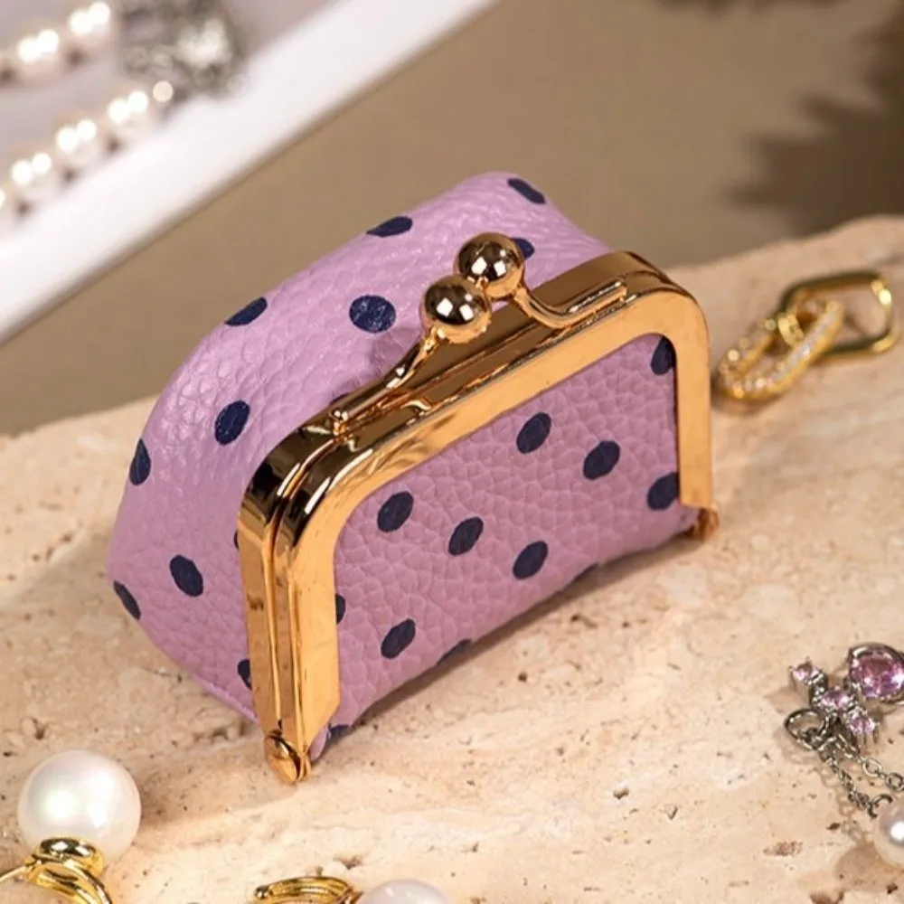 Multifunctional Polka Dot Small Wallet PU Leather Kiss Lock Coin Purse Portable Mini Jewelry Bag Accessory Organization