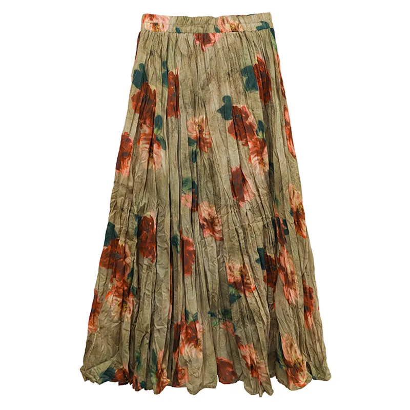2025 Spring Summer Vintage Rose Print Maxi Skirt - High Waist A-line Crinkle Chiffon Skirt with Floral Gradient & Anti-Static