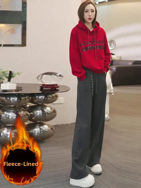 

Fashionable Fleece Lined Thickened Sweatshirt Wide Leg Pants Casual Sporty Two Piece Set for Women Elegant Anti Aging Look