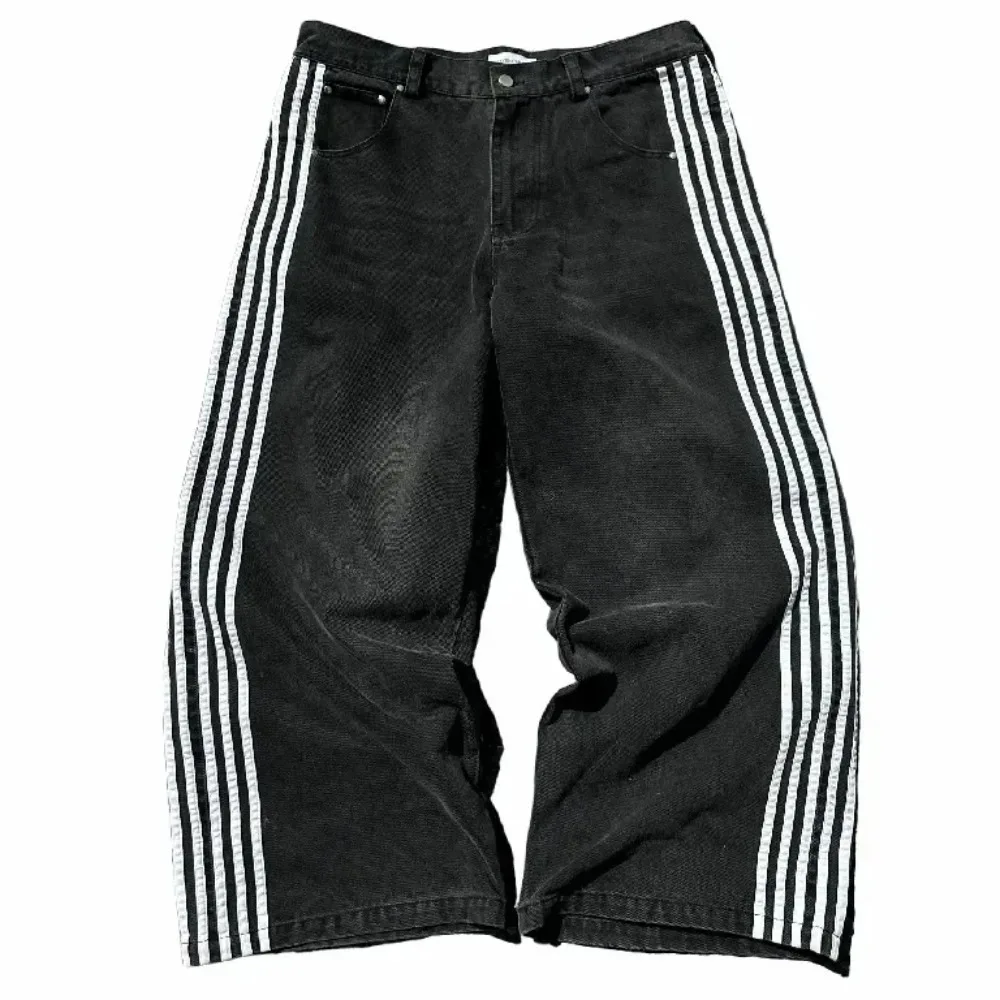 Pantalones vaqueros negros de rayas antiguas para mujer, moda coreana, pantalones casuales de pierna recta, pantalones clásicos de una sola cuerda, Y2k Harajuku