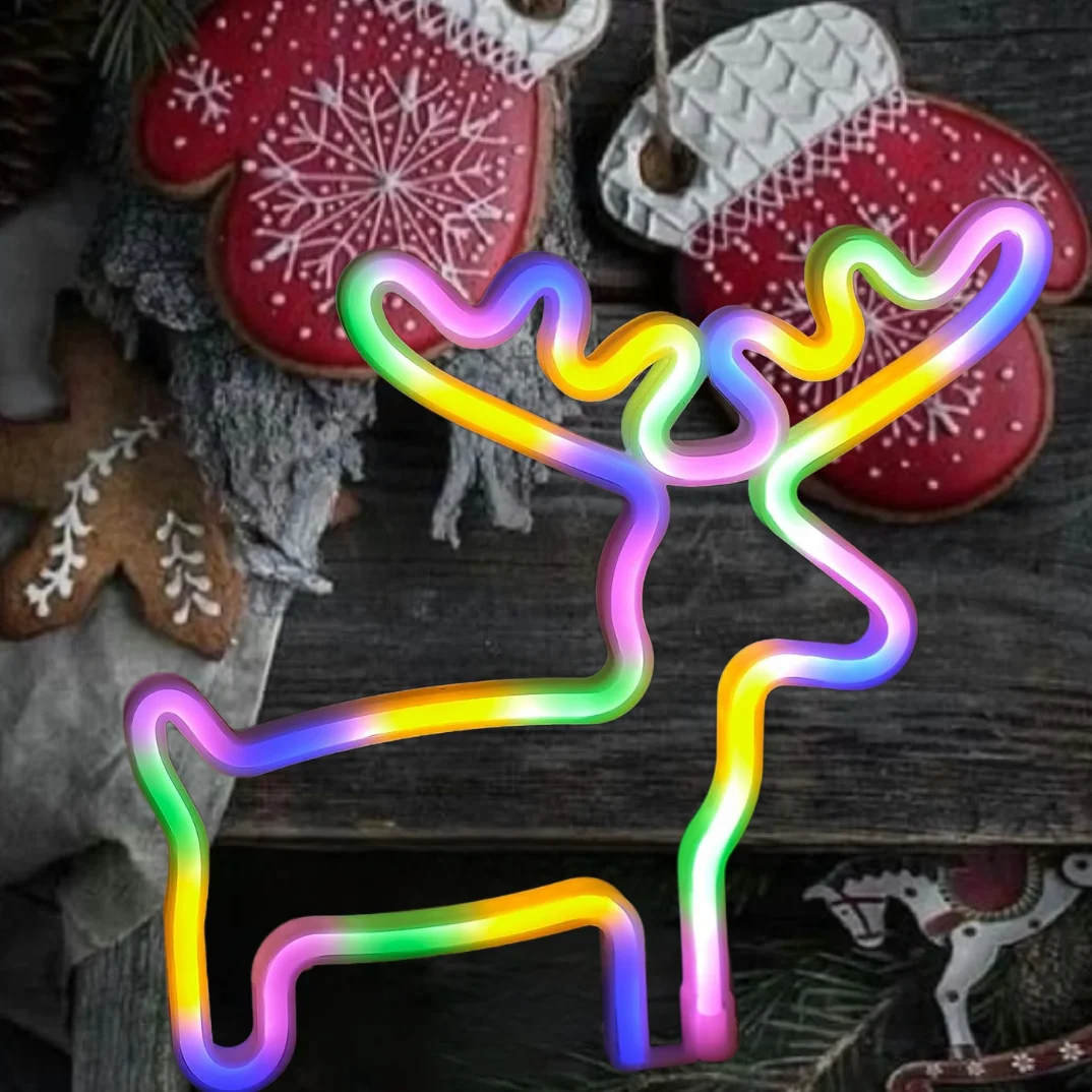 Christmas reindeer LED neon sign - suitable for winter holiday parties, Christmas, bedroom, living room decoration, gifts