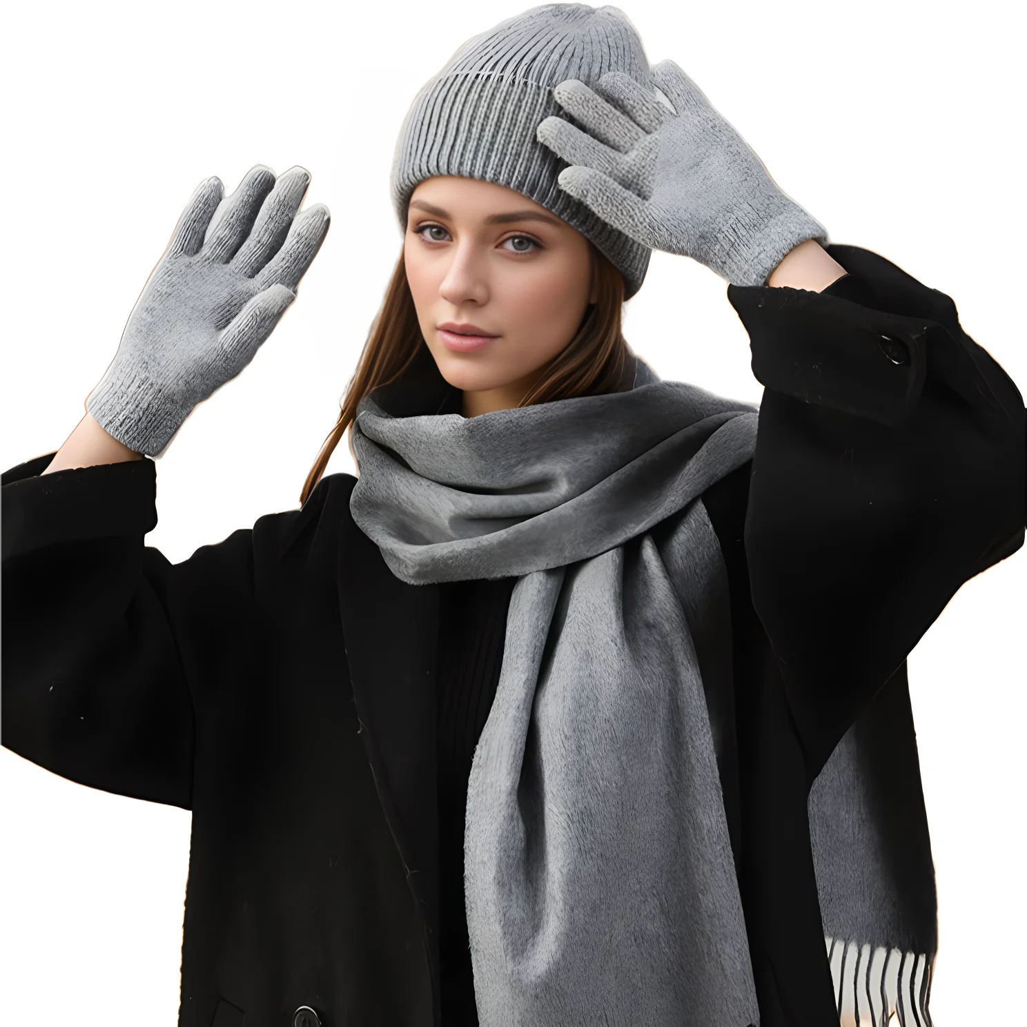 Winter clothes knitted fur glove casual hat and scarf set 2024