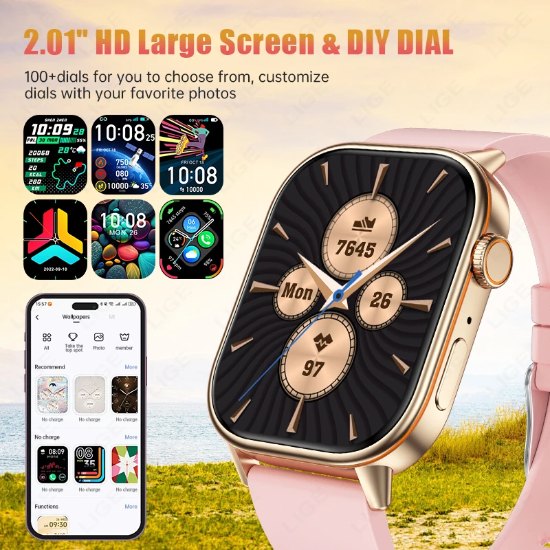 LIGE 2025 For Android IOS GPS Smart Watch Women 2.01" HD Screen Heart Rate Bluetooth Call Compass IP68 Waterproof Men Smartwatch