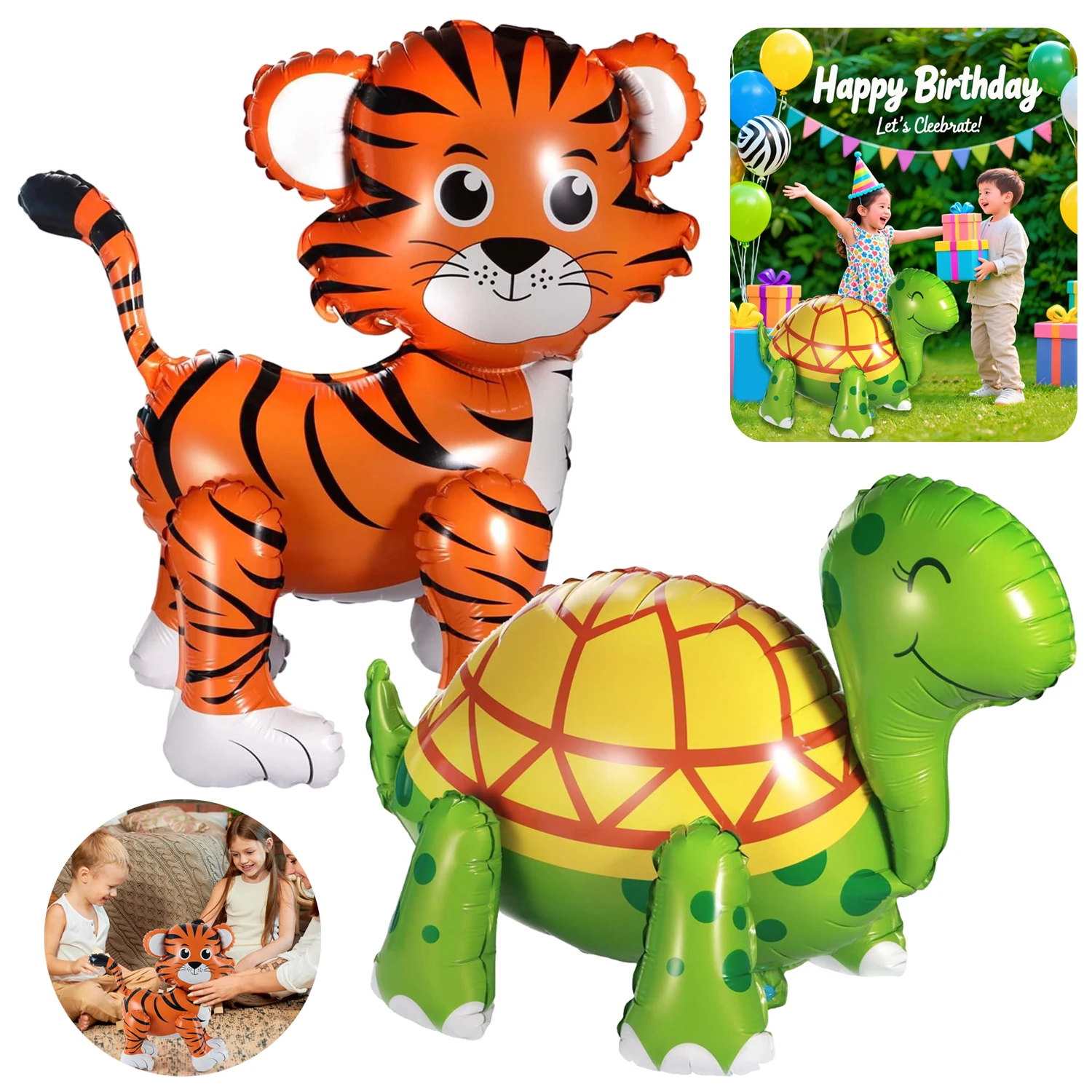 

4D Walking Turtle Balloon, Large Jungle Safari Animals Foil Balloons Tiger Balloons for Kids Wild Zoo Party Birthday Decor