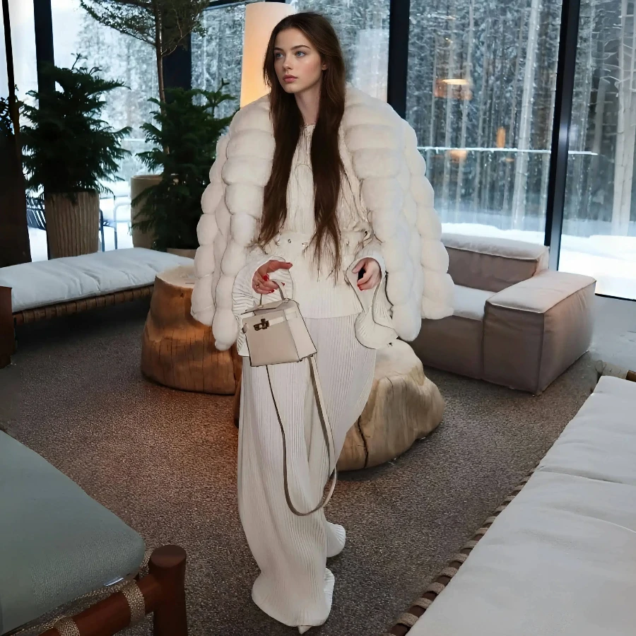 

White Natural Rabbit Fur Jacket With Collar Real Rex Rabbit Coat Chinchilla Coloured Jackets Hot Selling Short Fur Coat Women