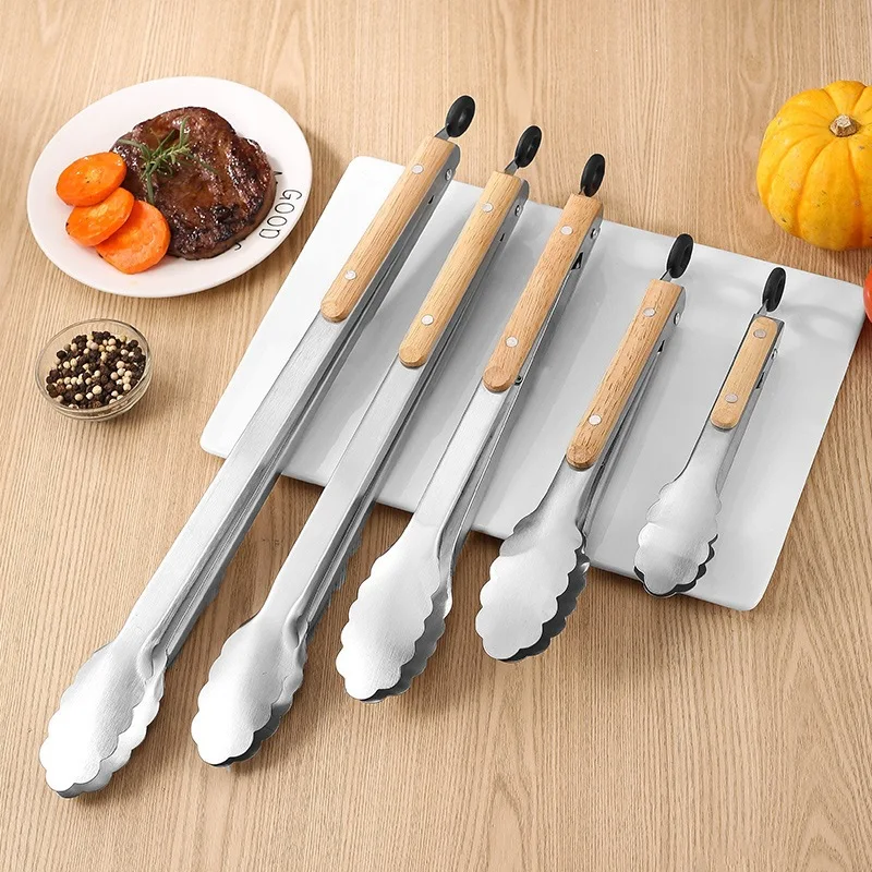 

Yjq 3pcs stainless steel stall Korean barbecue clip oak handle steak clip plus long style