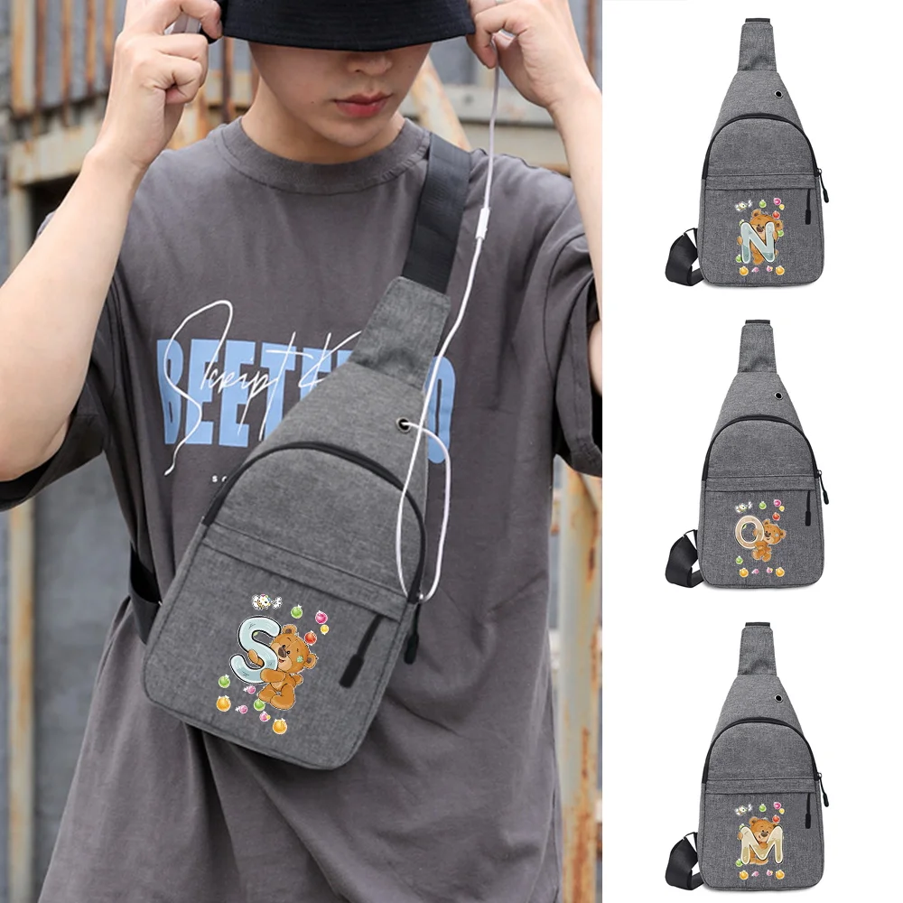 New Men's Shoulder Bag Canvas Sport Crossbody Trend Outdoor Chest Bag for Men Bear LetterPattern Printed Mobile Phone Chest Bags