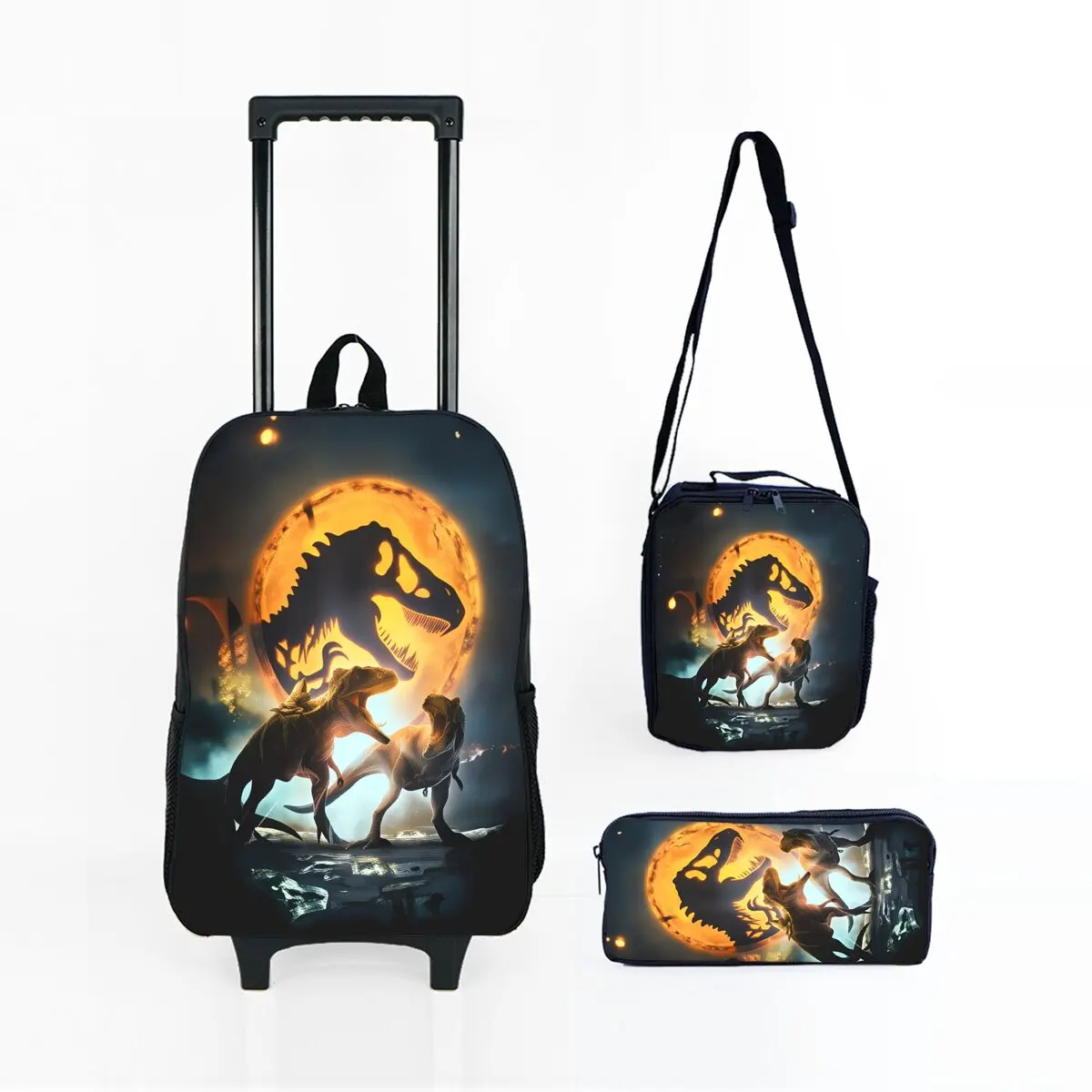 

Черная сумка на колесиках с принтом динозавра и ланч-бокс, сумка для ручек с колесами, школьная сумка-рюкзак на колесиках для девочек/мальчиков