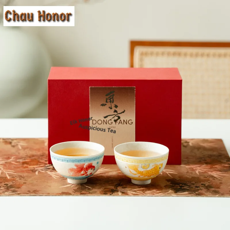 

2pc/Set Hand-painted Red Koi Fish Teacup Tea Bowl Set Of Cups Tea-tasting Meditation Cup Chazhan Master Cup Teaware Gifts 95ml