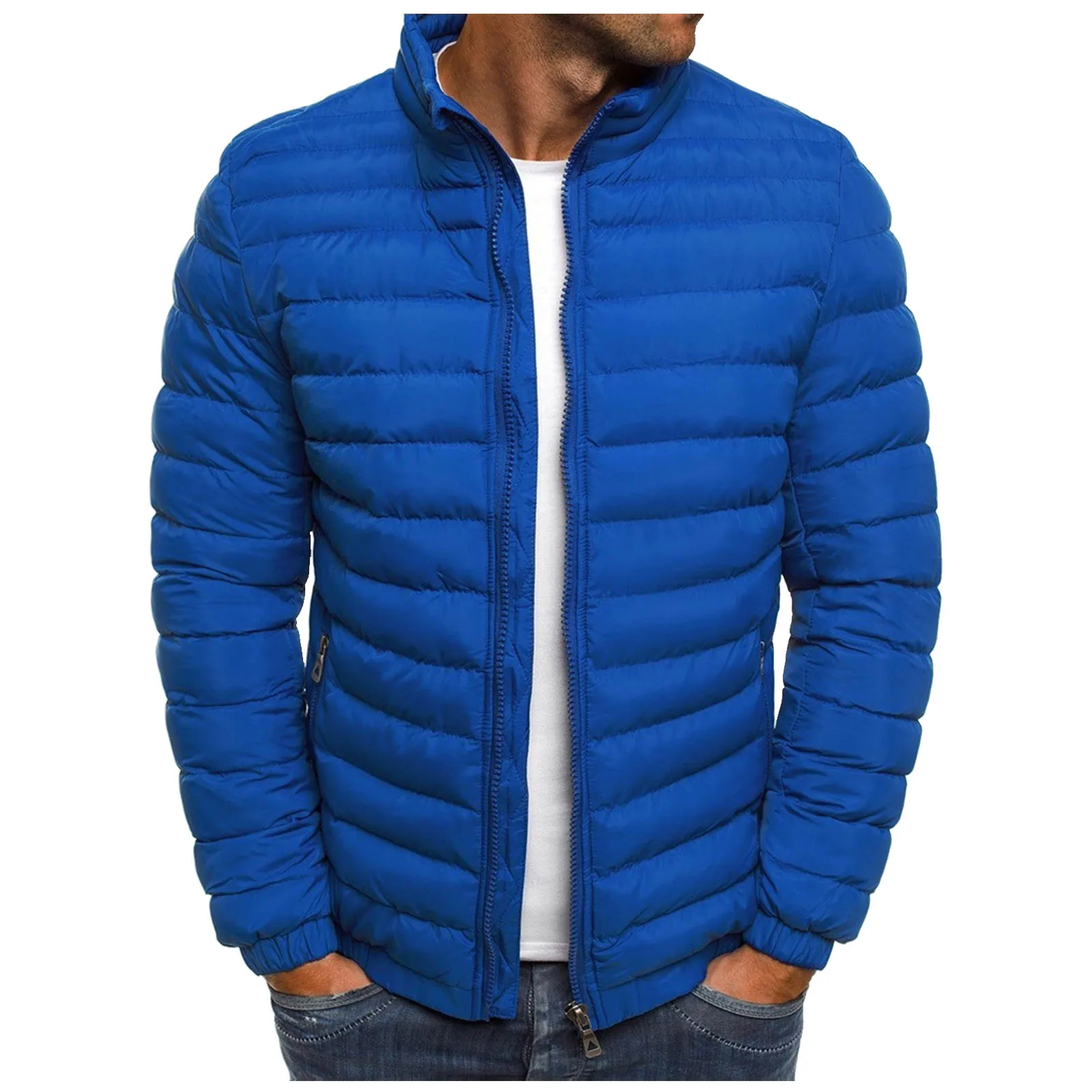 Parka térmica masculina com zíper, jaqueta puffer acolchoada, casaco bolha masculino, estilo coreano, gola alta, bolso com zíper, lazer, outono, inverno