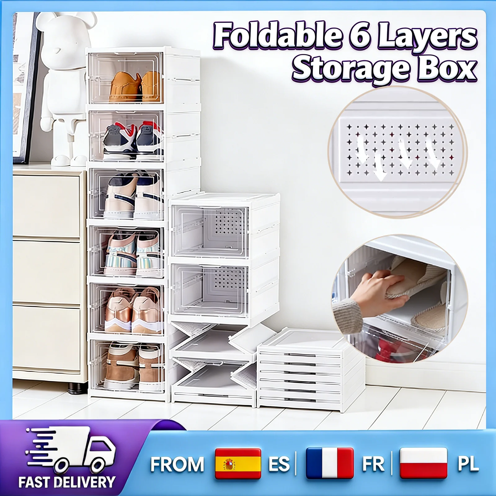 Conteneur à chaussures pliable à 6 niveaux, robuste, empilable, armoire de rangement moderne, organisateur transparent pour chaussures, vêtements, jouets