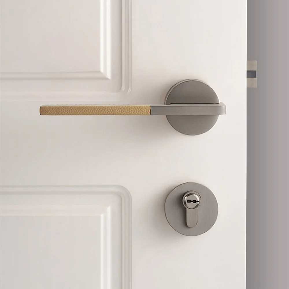 

DOOROOM Luxury Door Lock Camel Color Leather Inlay Matte Nickel Bar-shaped Handle Minimalist Interior Bedroom Passage Hardware