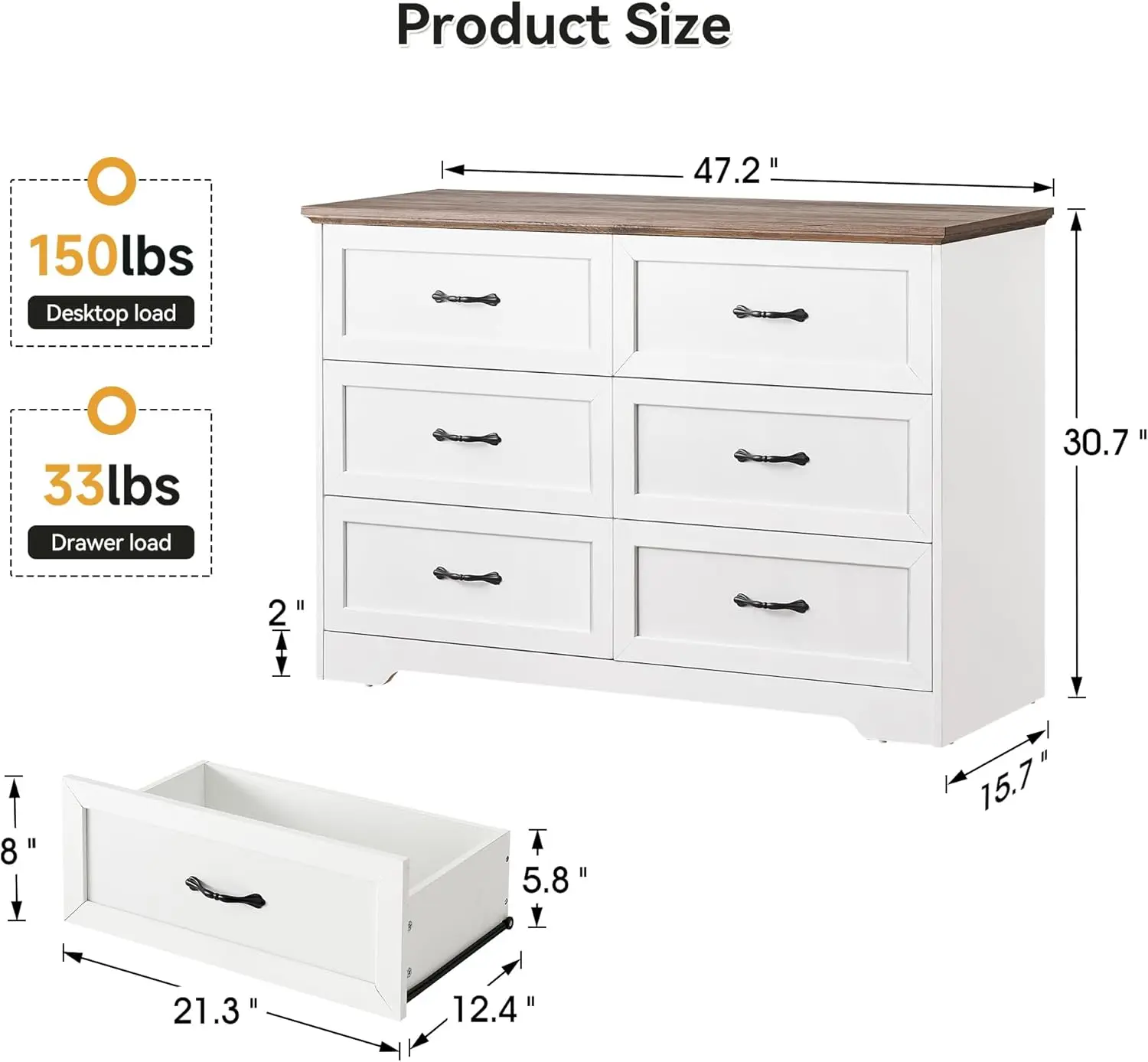 Drawer Dresser, Farmhouse Chest of Drawer with Metal Handles, Modern Storage Organizer with Anti-Collapse Design, Wooden Dresser