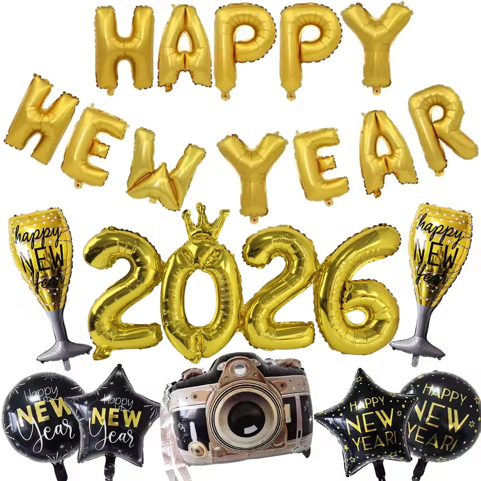 Воздушные шары с Новым годом 2026 Золотое число 2026 Фольгированные шары С Новым годом Буквы Воздушный шар Баннер Золото Нового года Декор для вечеринки