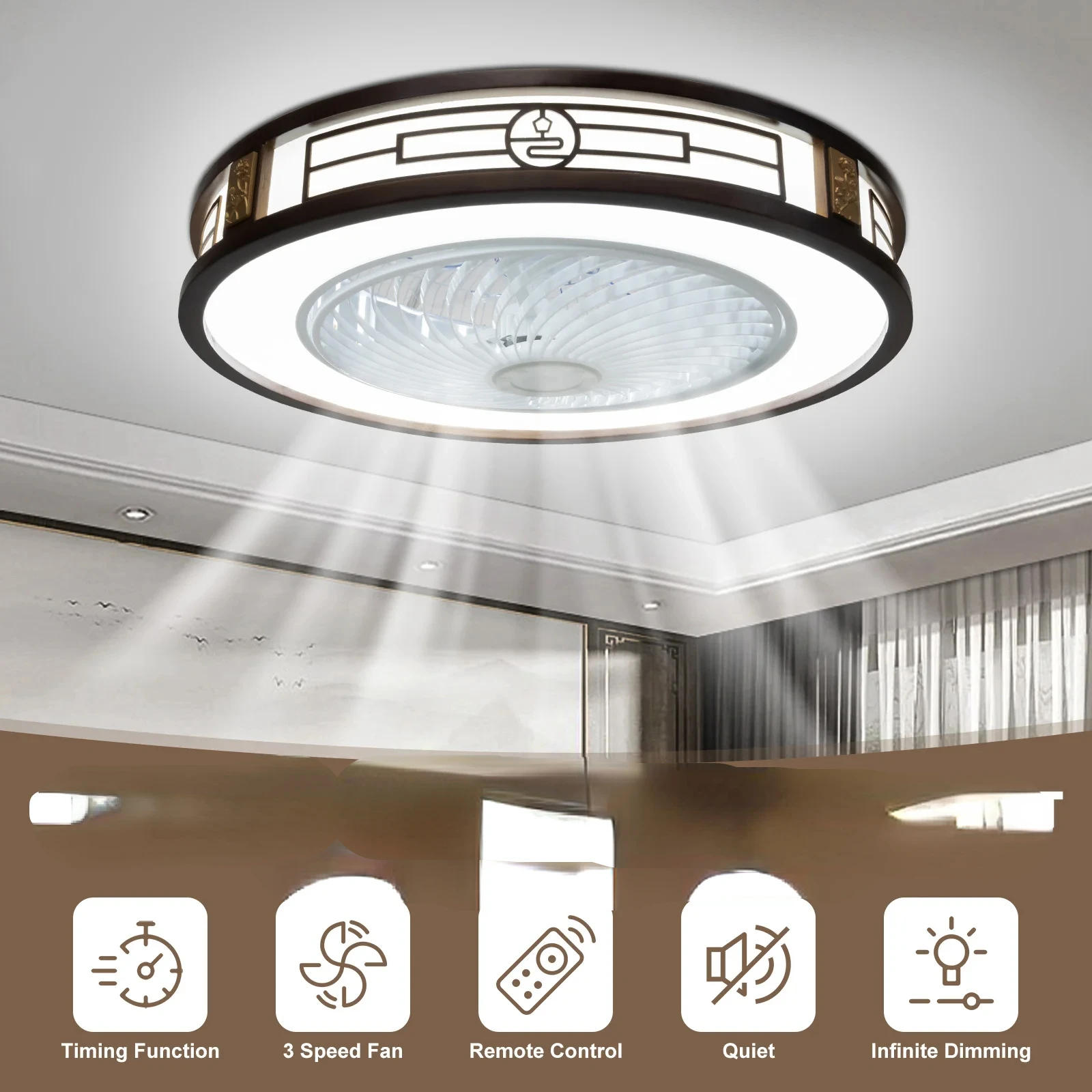 LOYALHEARTD  Ceiling Fan Light Modern Dimmable Chandelier Lamp 3 Speeds Fan w/ Remote Control Round