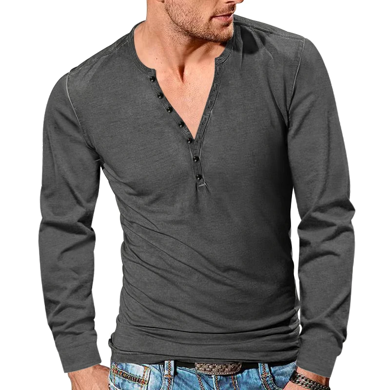 New Men\'s Four Season Henley shirt Vintage Long Sleeve T-shirt Cross border Men\'s Button V-Neck Slim Solid T-shirt Top