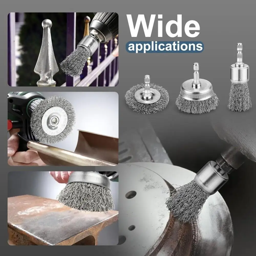 Professional Carbon Steel Wire Wheel Brush Bits - Rust Cleaning Attachment with 1/4" Hex Shank, Cup Brush