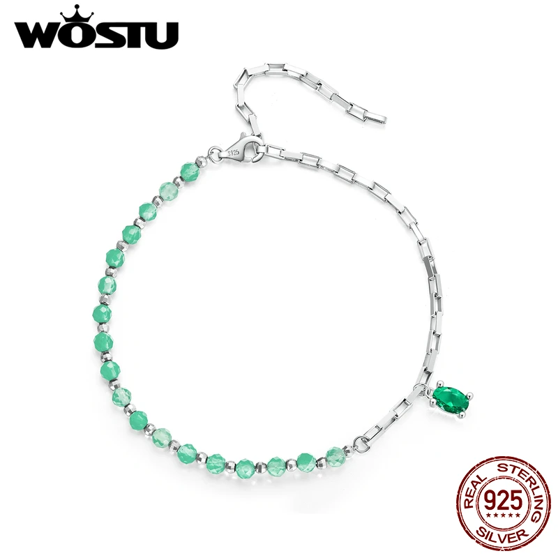 WOSTU 925 Sterling Silver Crystal Glass Bracelet Green Beads Chain Link with Oval Zircon for Women Cute Dating Gift Fine Jewelry