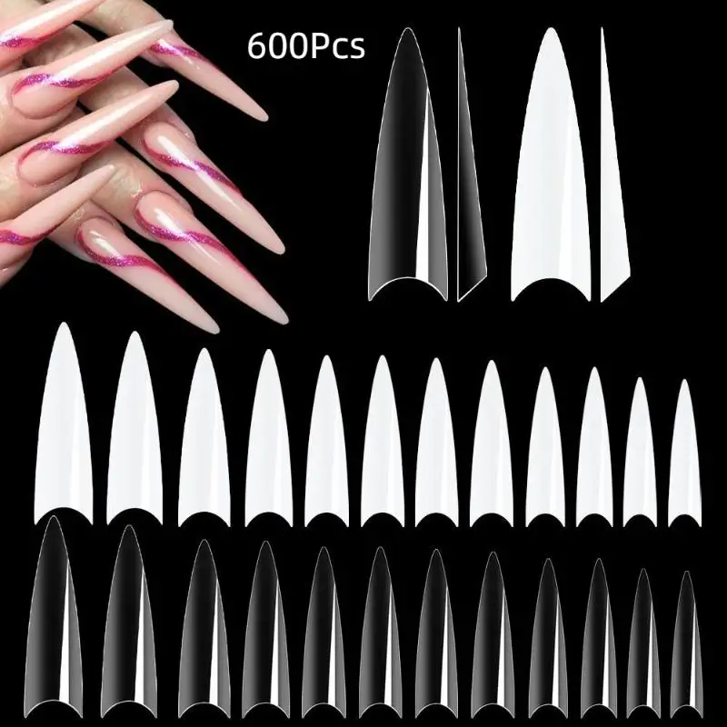 

New 600pcs Stiletto False Nails Press On Acrylic Nail French Half Cover Gel Fake Tips Manicure Supplies DIY Extension Tools