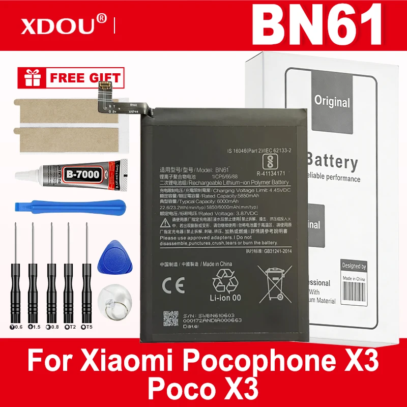 Brand New BN61 6000mAh Battery For Xiaomi Pocophone X3 Poco X3  Phone Replacement Batteries + Tools