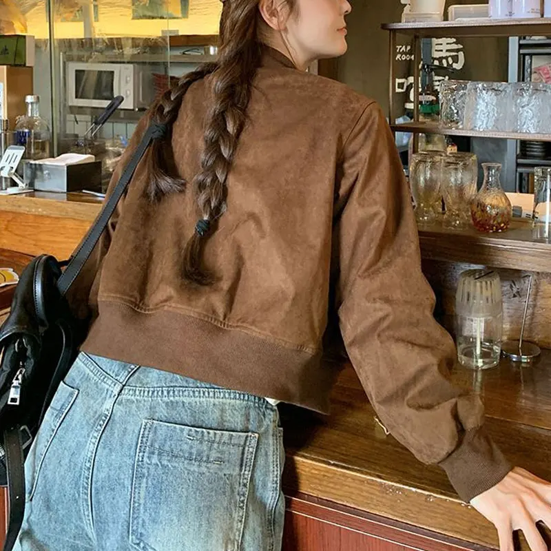 Female Clothing Maillard Retro Coats Imitation Suede Autumn Winter Baseball Collar American Loose Single-breasted Short Jackets