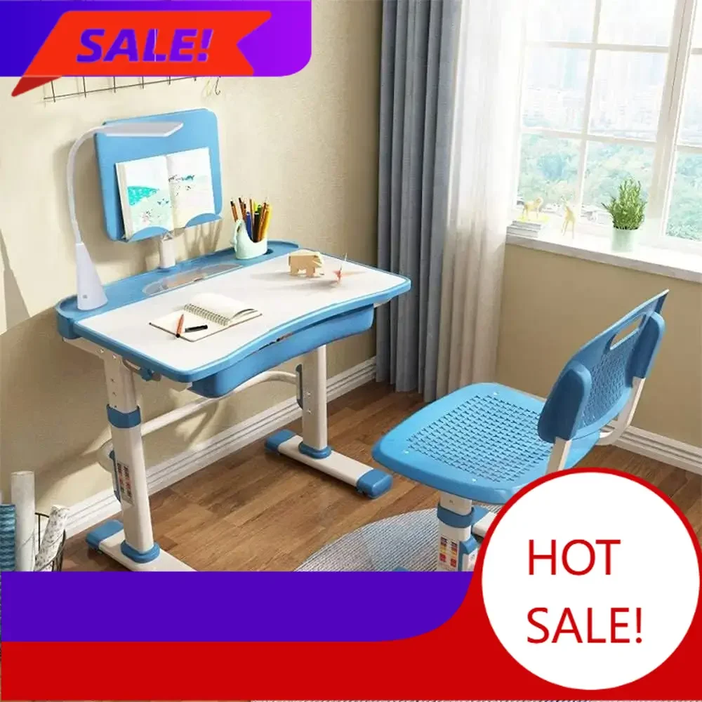 

Kids Desk and Chair Set, Height Adjustable Children School Study Desk with Tilt Desktop, Bookstand, LED Lamp, Metal Hook