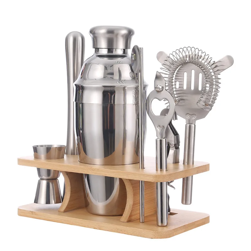 Cross-border explosion, bamboo frame bartending set, stainless steel mushroom head shaker, cocktail bar tools