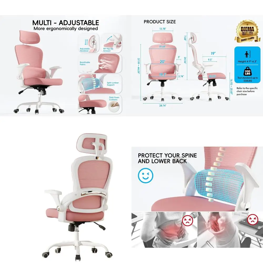 Ergonomic Wide Seat Computer Chair with Headrest for Home Office, Supportive Desk Chair for Big and Tall, Comfortable Pink Offic